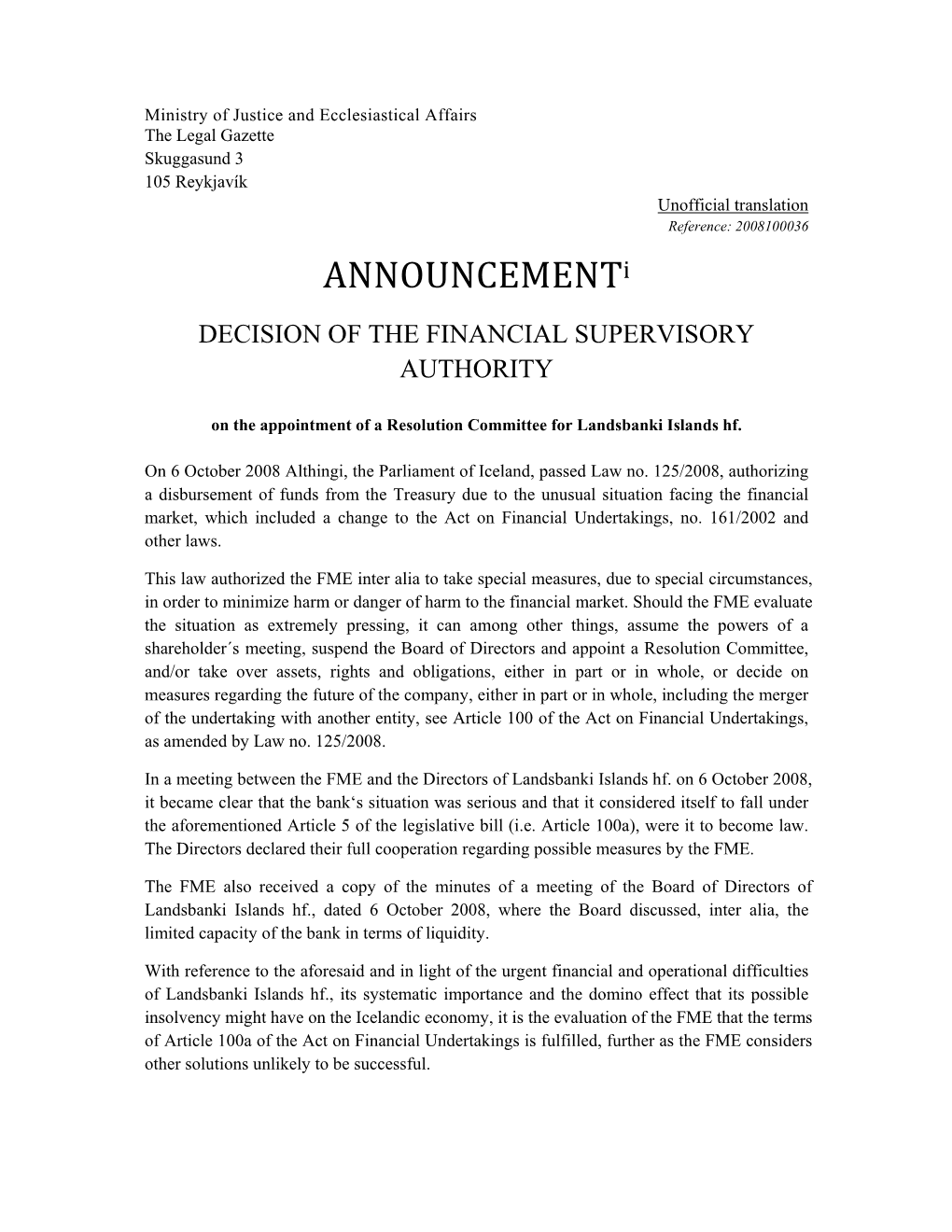 Announcementi DECISION of the FINANCIAL SUPERVISORY AUTHORITY
