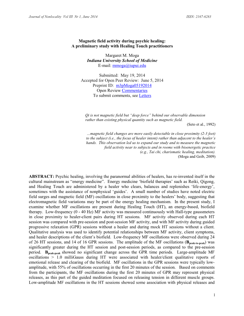 Magnetic Field Activity During Psychic Healing: a Preliminary Study with Healing Touch Practitioners