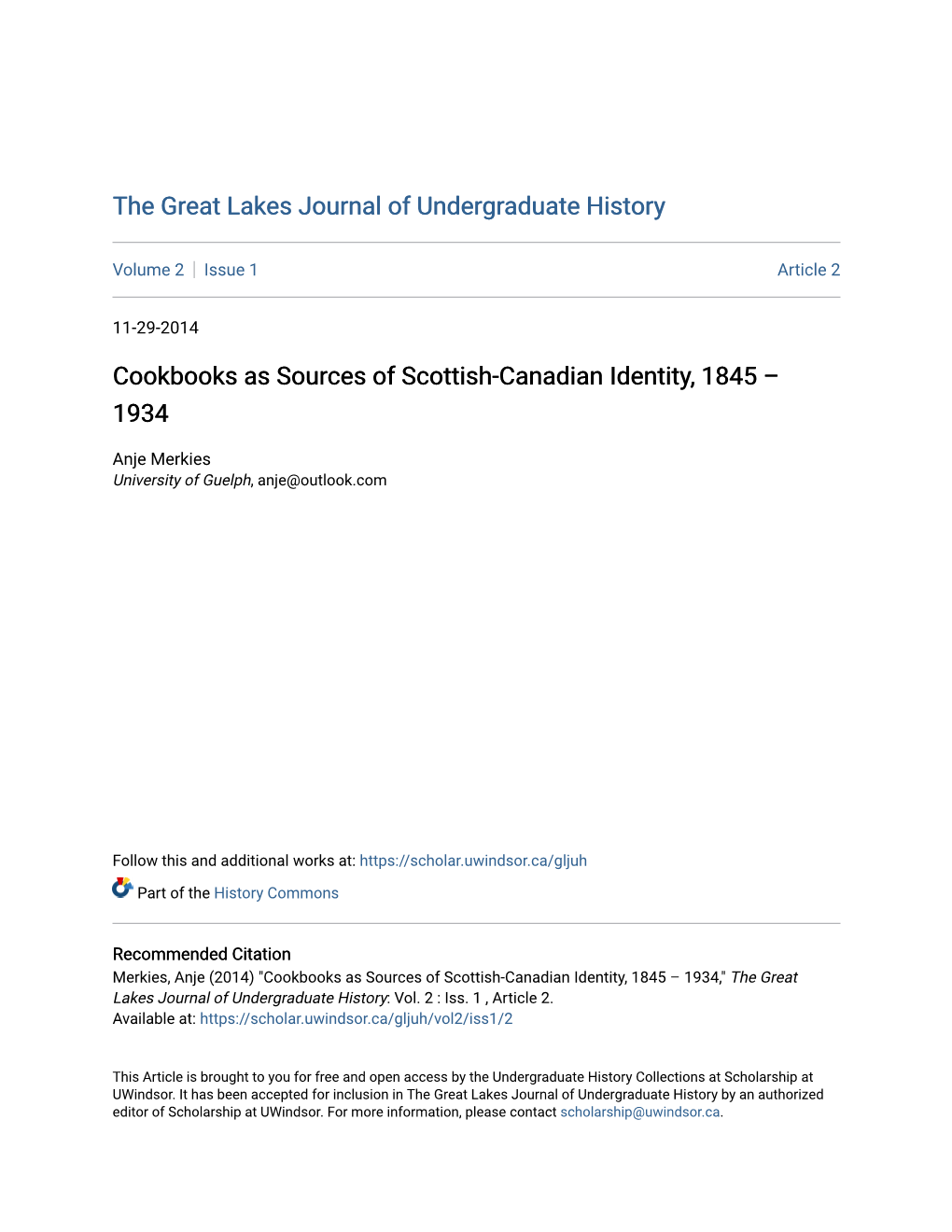 Cookbooks As Sources of Scottish-Canadian Identity, 1845 – 1934