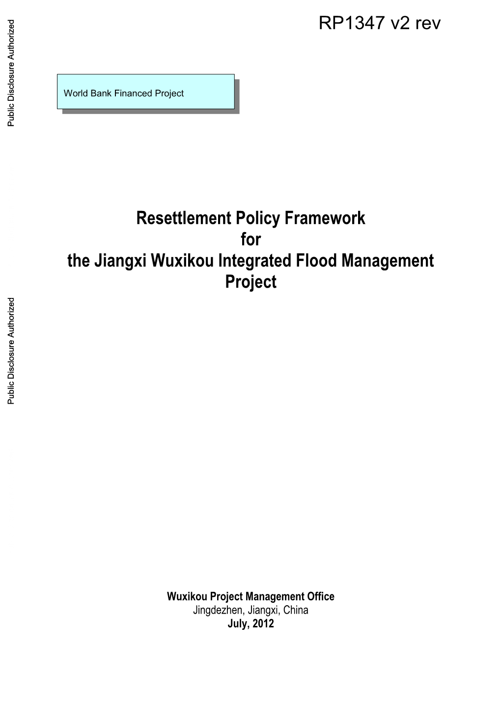 Resettlement Policy Framework for the Jiangxi