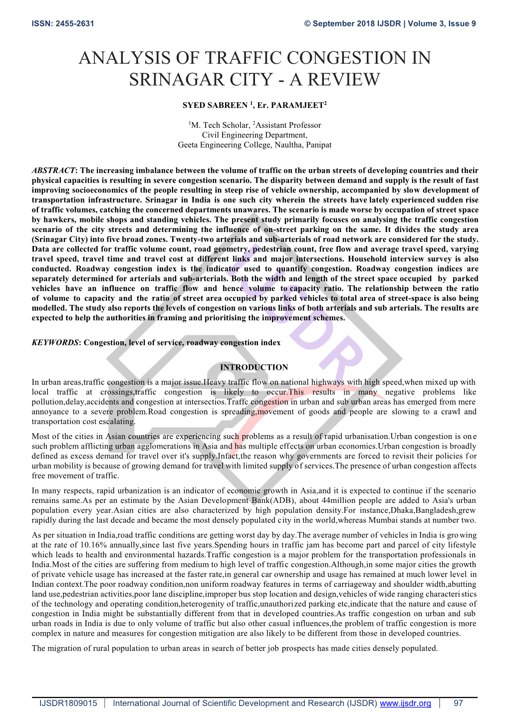 Analysis of Traffic Congestion in Srinagar City - a Review