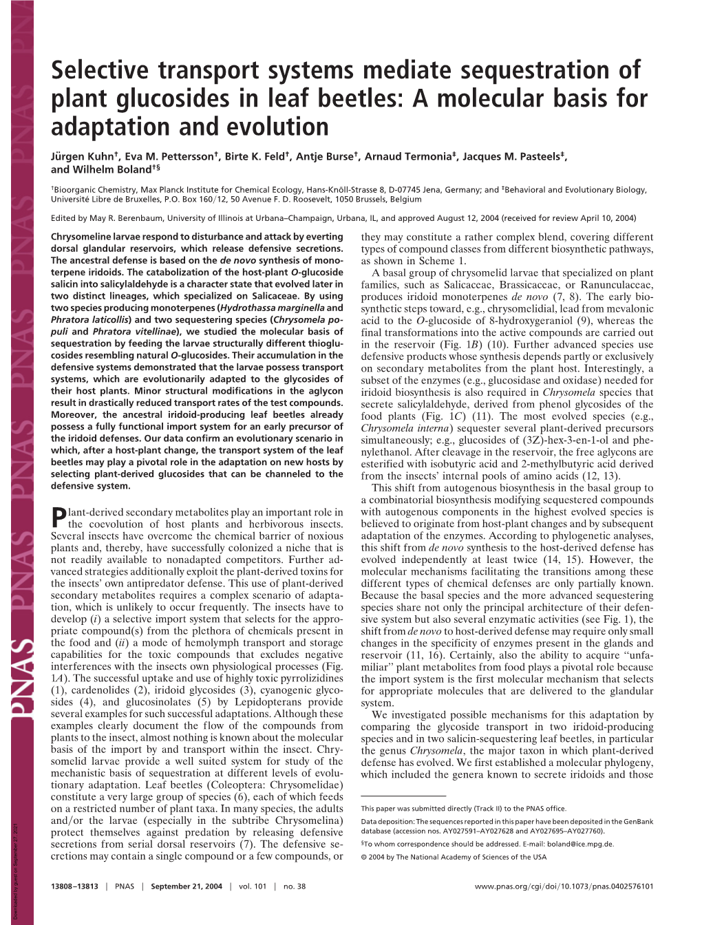 Selective Transport Systems Mediate Sequestration of Plant Glucosides in Leaf Beetles: a Molecular Basis for Adaptation and Evolution