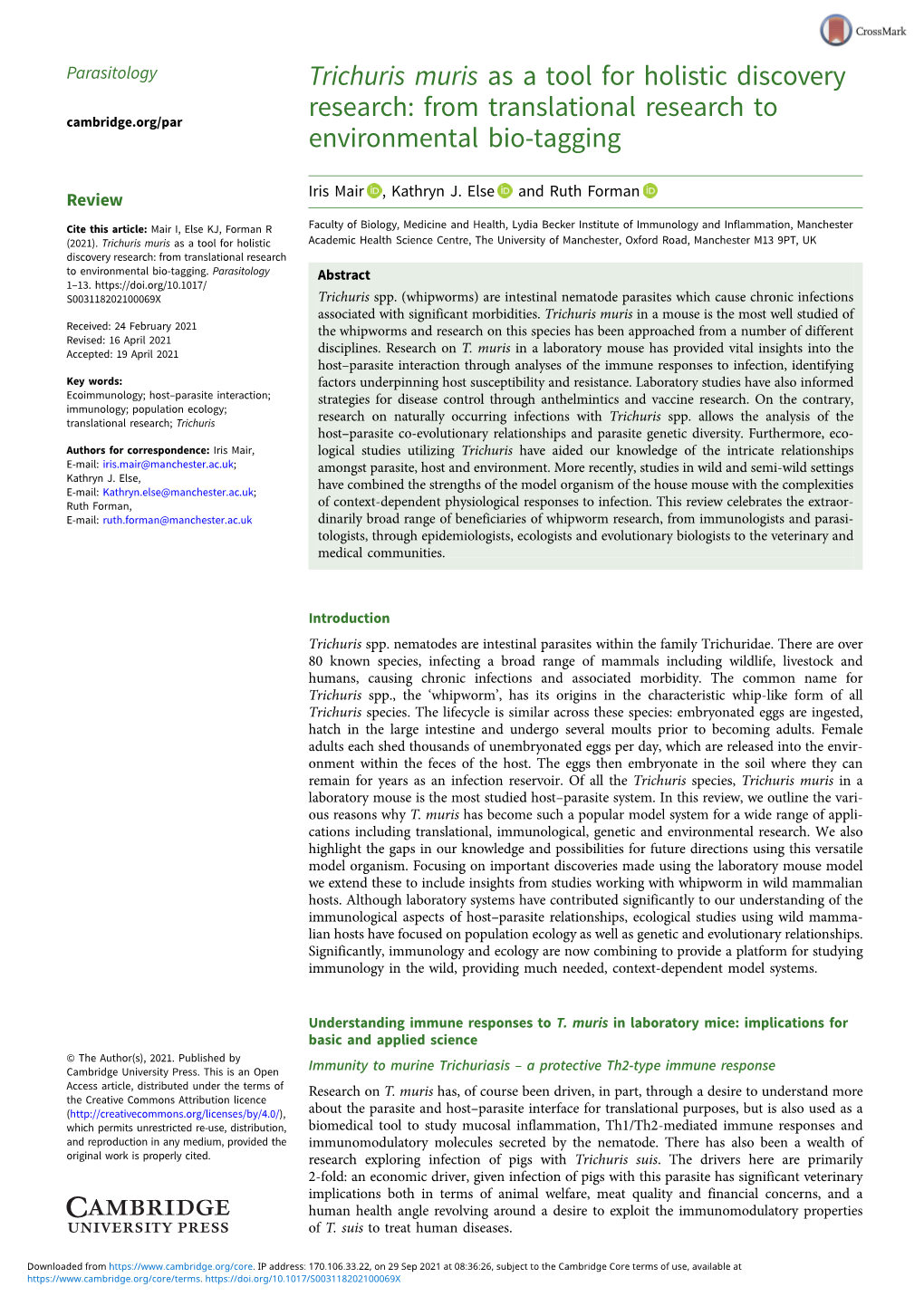 Trichuris Muris As a Tool for Holistic Discovery Research: from Translational Research to Cambridge.Org/Par Environmental Bio-Tagging