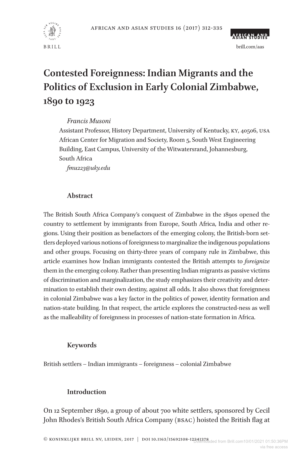 Indian Migrants and the Politics of Exclusion in Early Colonial Zimbabwe, 1890 to 1923