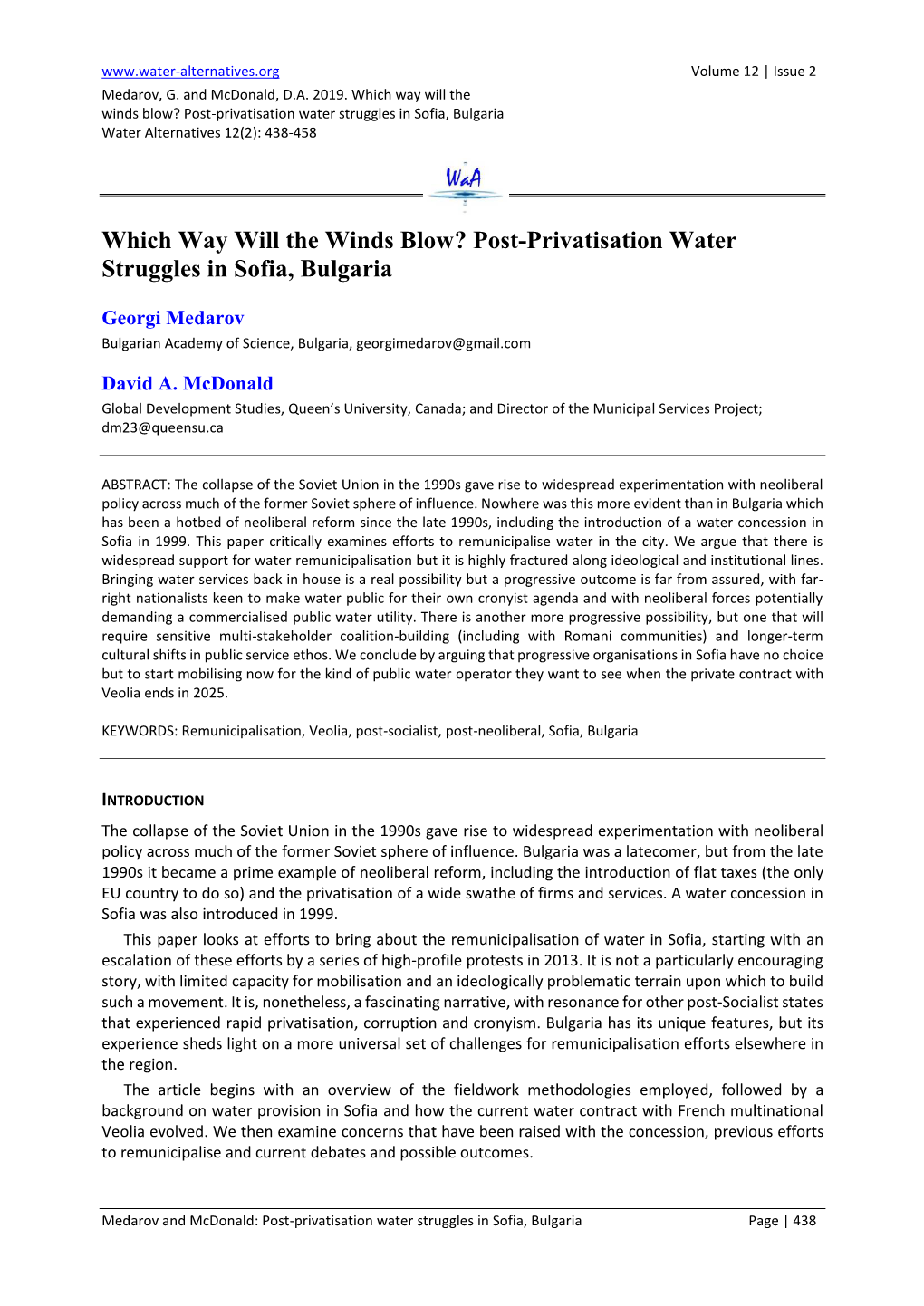Post-Privatisation Water Struggles in Sofia, Bulgaria Water Alternatives 12(2): 438-458