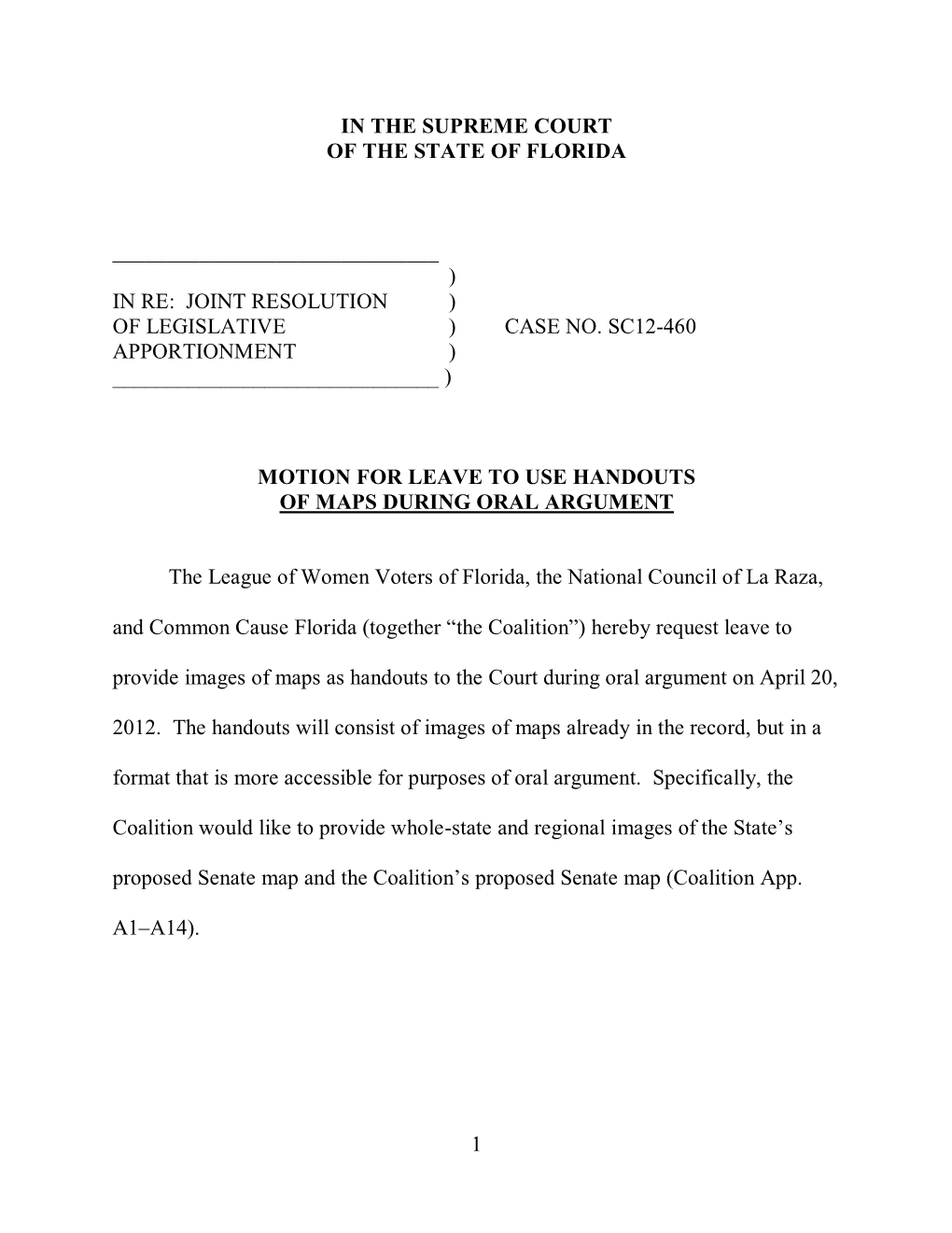 SC12-460 Motion for Leave by Florida League of Women Voters to Use