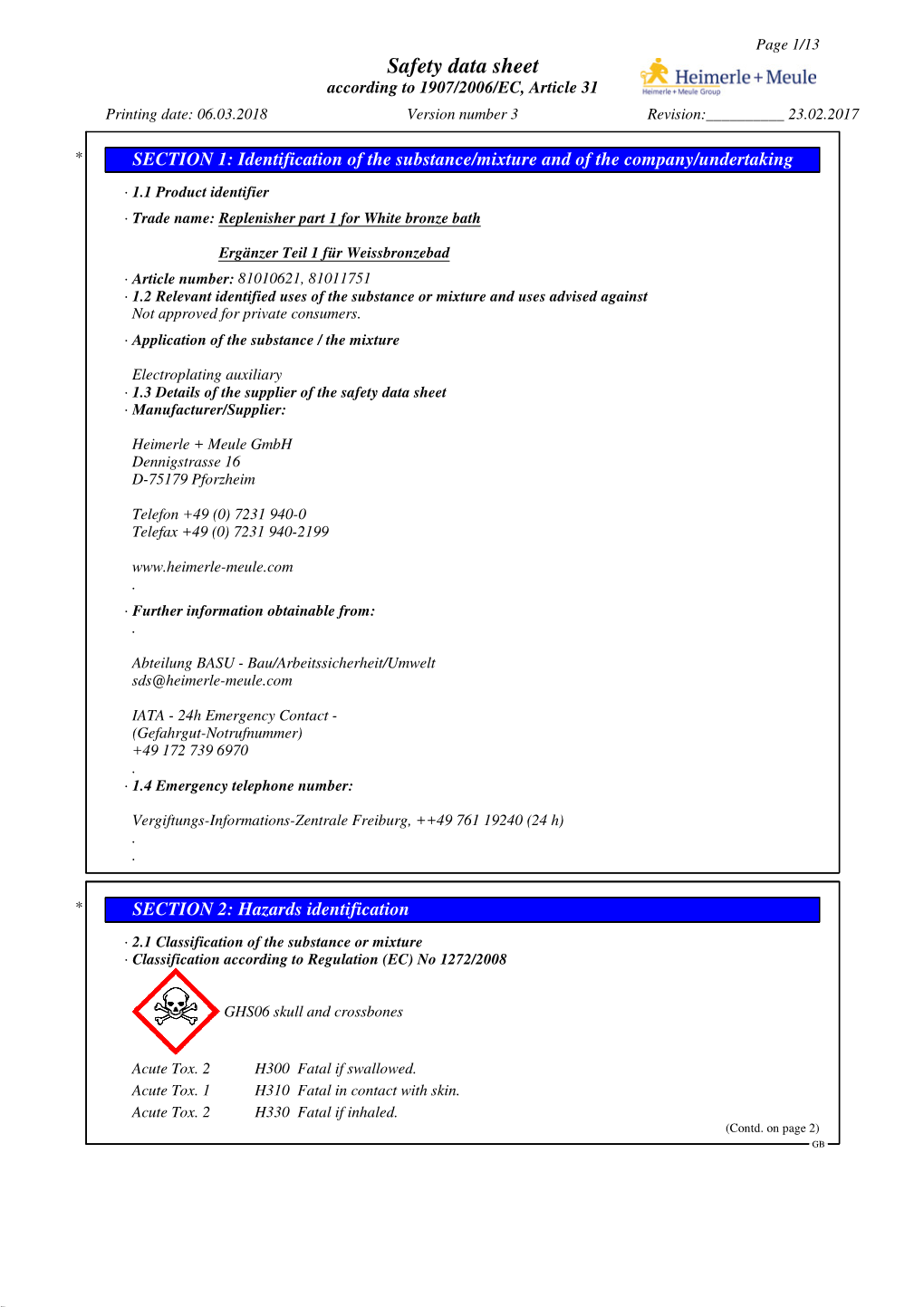 Safety Data Sheet According to 1907/2006/EC, Article 31 Printing Date: 06.03.2018 Version Number 3 Revision:______23.02.2017