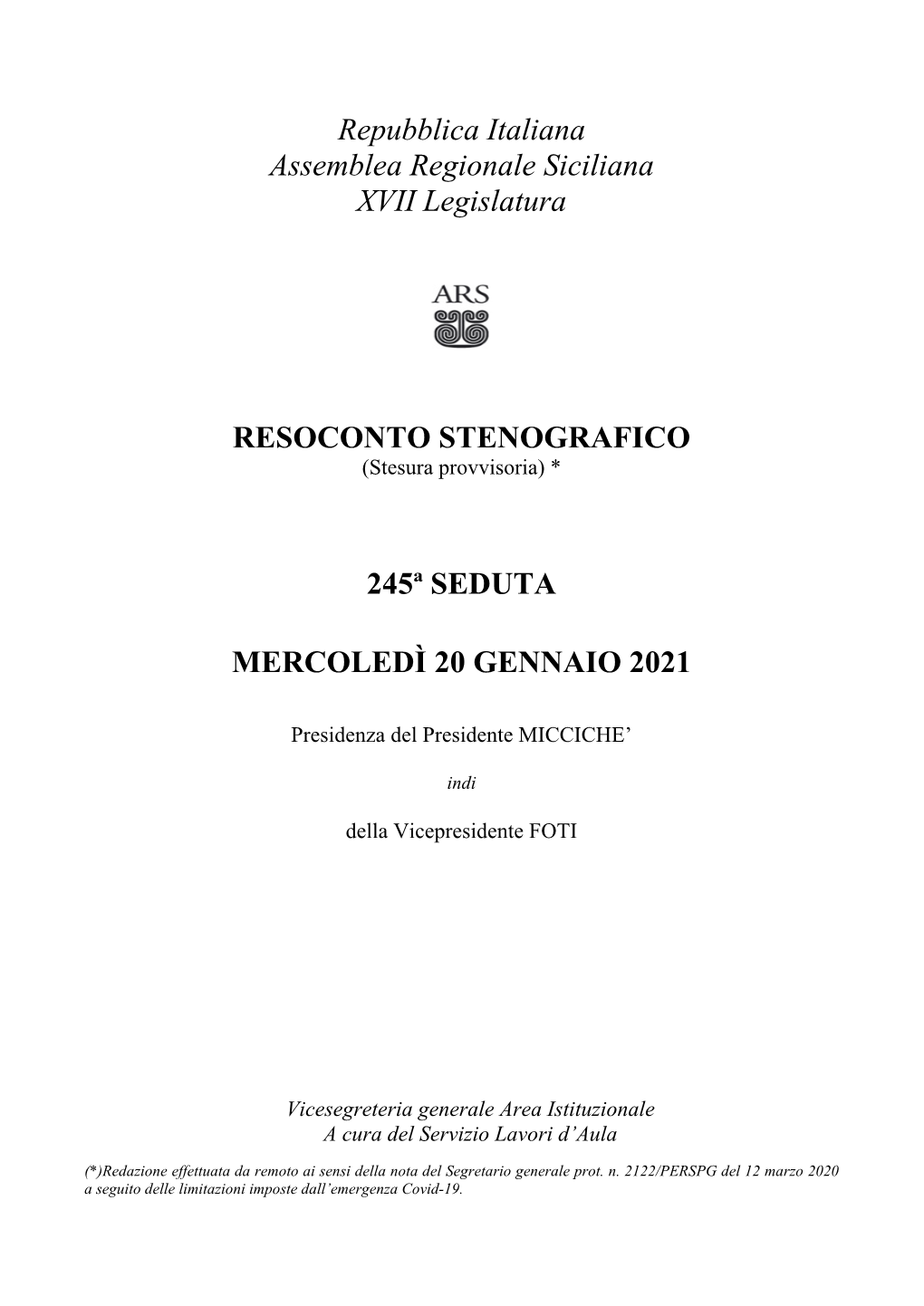 Repubblica Italiana Assemblea Regionale Siciliana XVII Legislatura