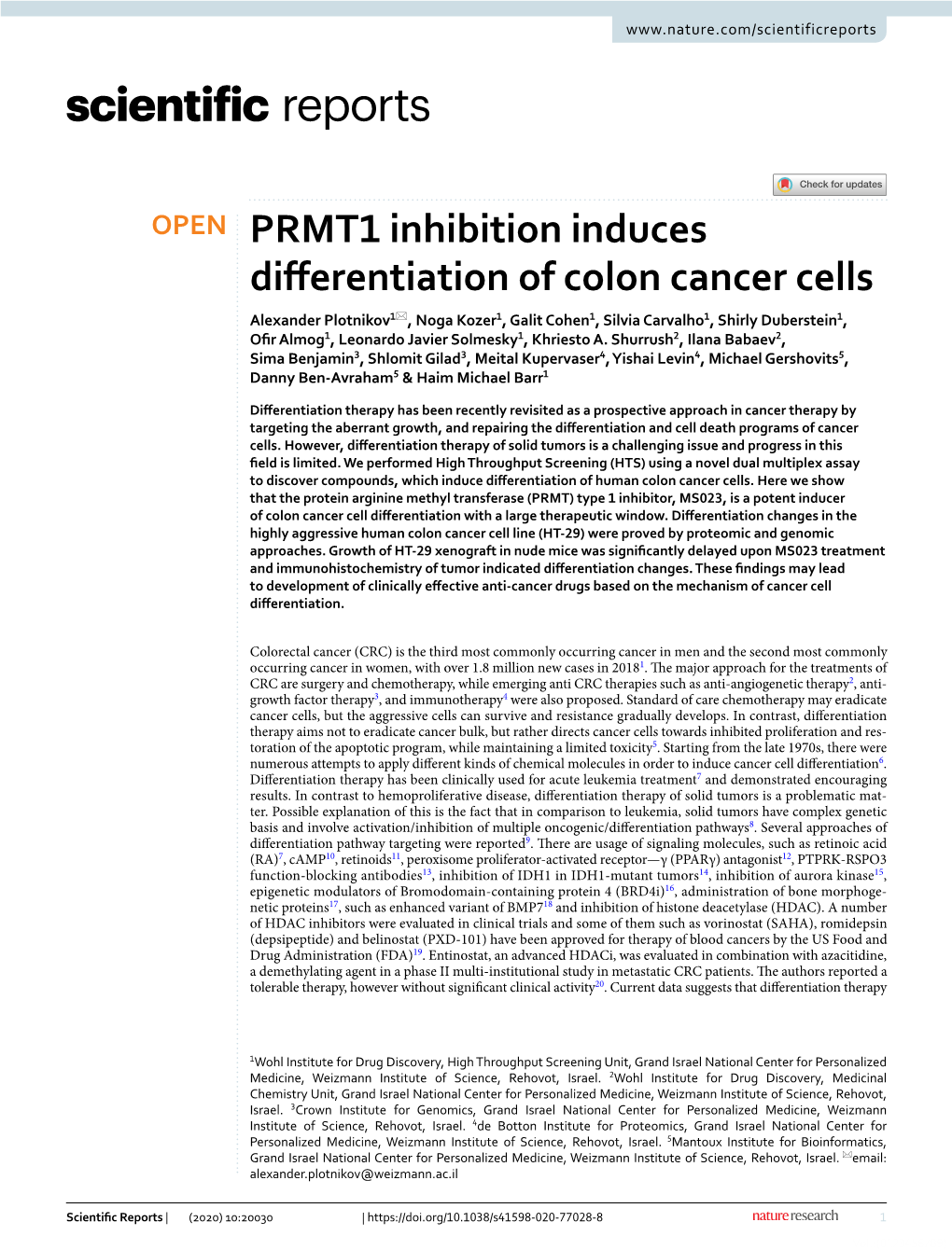 PRMT1 Inhibition Induces Differentiation of Colon Cancer Cells