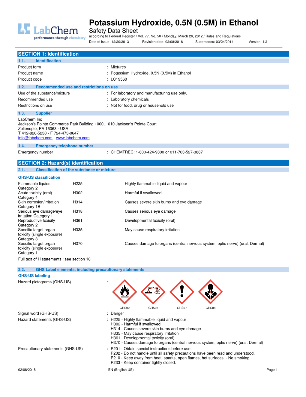 Potassium Hydroxide, 0.5N (0.5M) in Ethanol Safety Data Sheet According to Federal Register / Vol