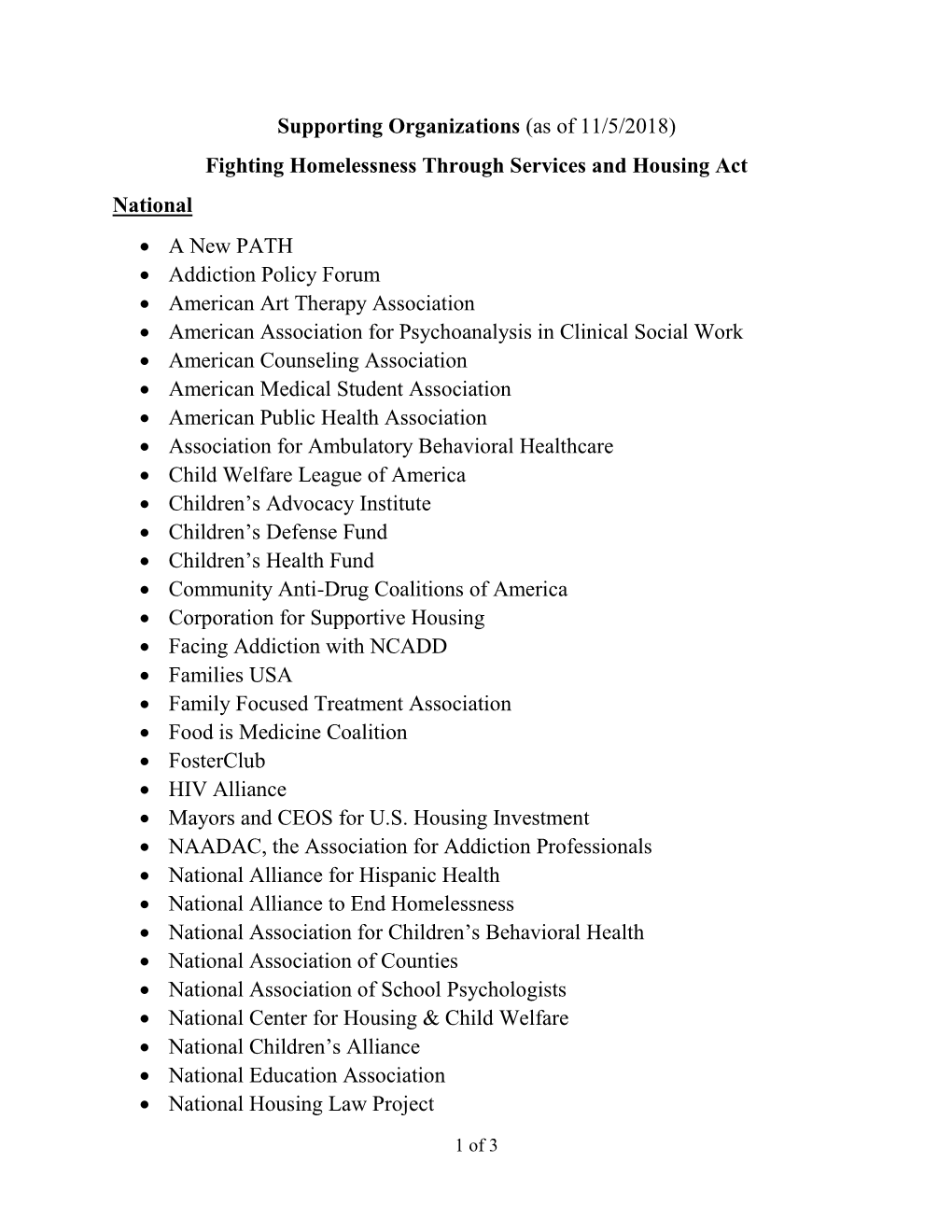 Supporting Organizations (As of 11/5/2018) Fighting Homelessness