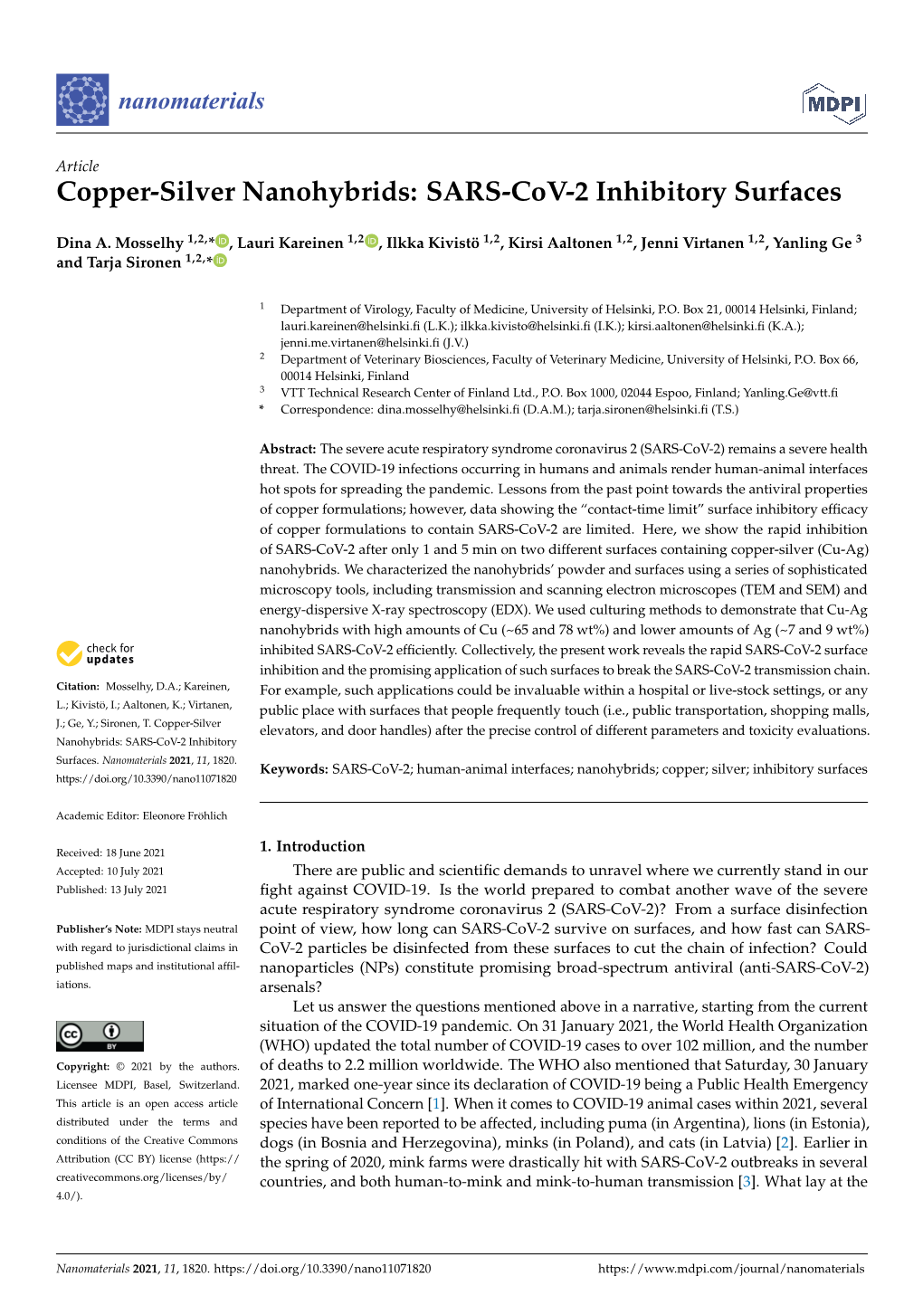 Copper-Silver Nanohybrids: SARS-Cov-2 Inhibitory Surfaces