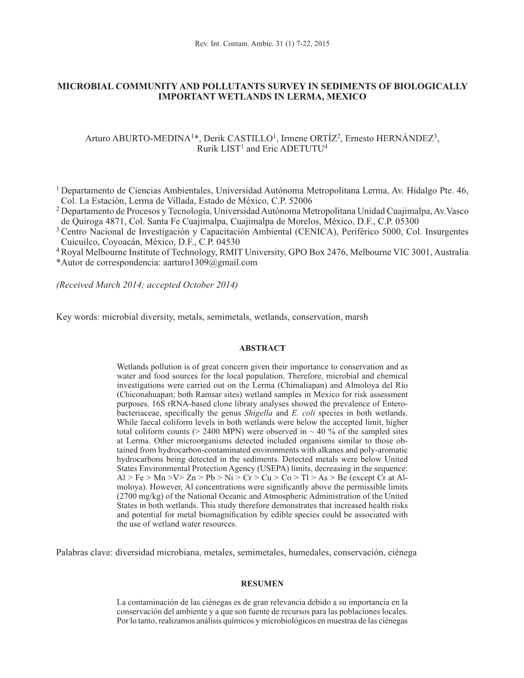 Microbial Community and Pollutants Survey in Sediments of Biologically Important Wetlands in Lerma, Mexico