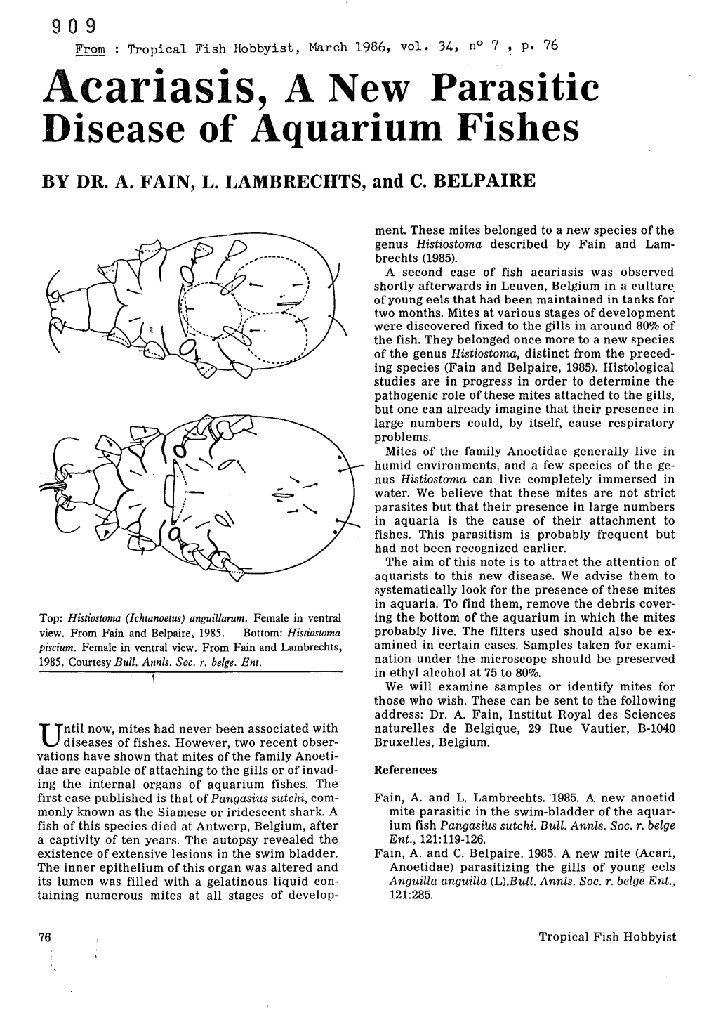 Acariasis, a New Parasitic Disease of Aquarium Fishes