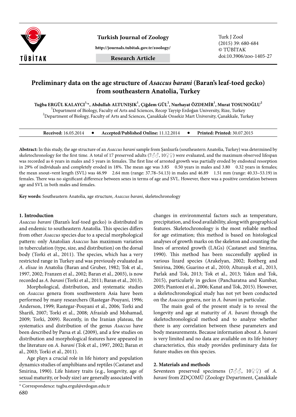 Preliminary Data on the Age Structure of Asaccus Barani (Baran's Leaf