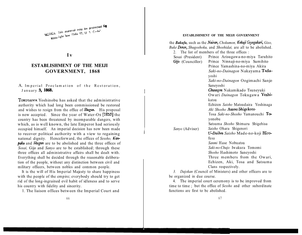 Iv ESTABLISHMENT of the MEIJI GOVERNMENT, 1868