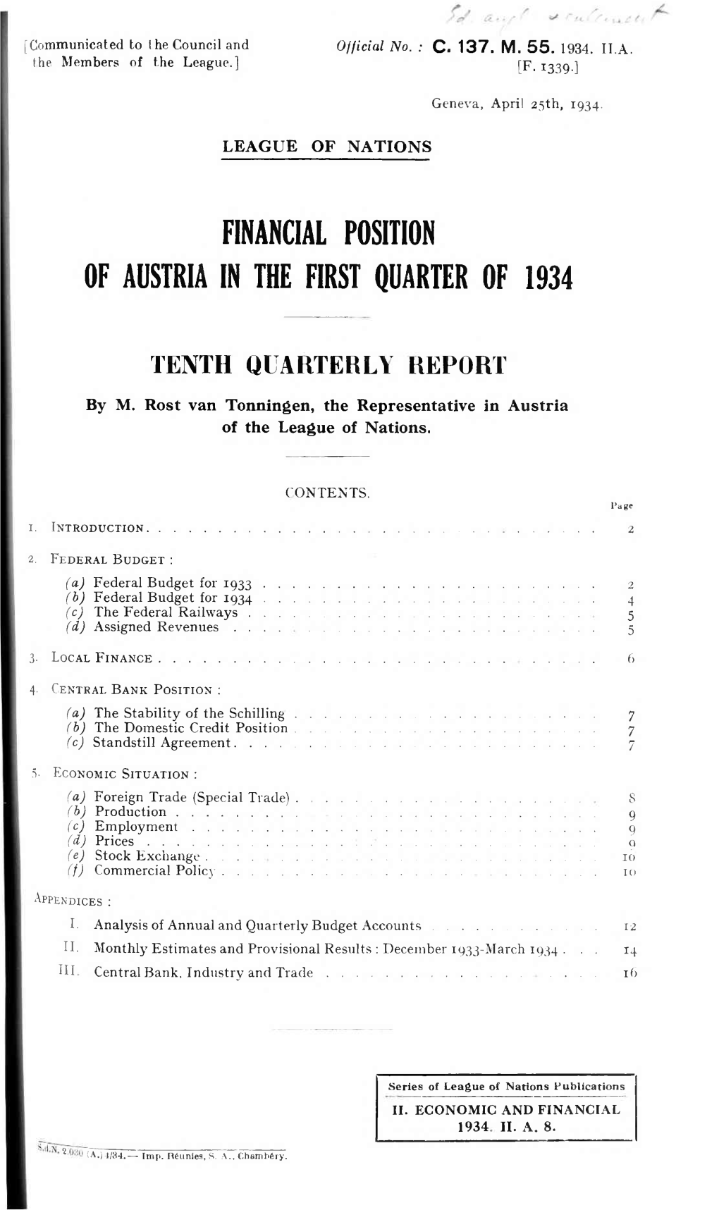 Financial Position of Austria in the First Quarter of 1934