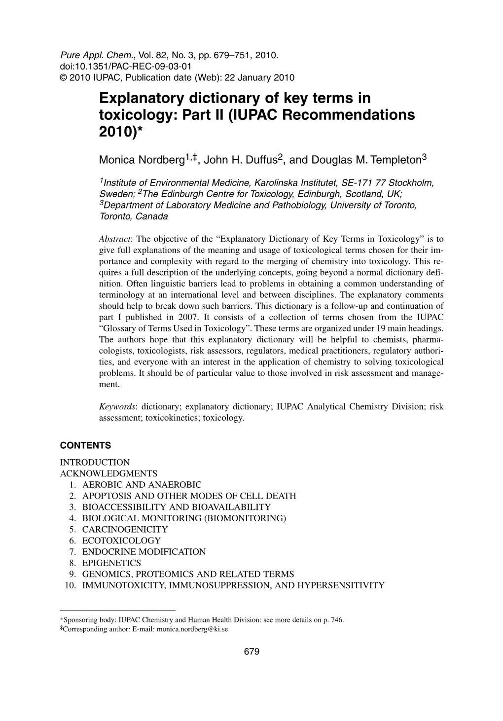 Explanatory Dictionary of Key Terms in Toxicology: Part II (IUPAC Recommendations 2010)*