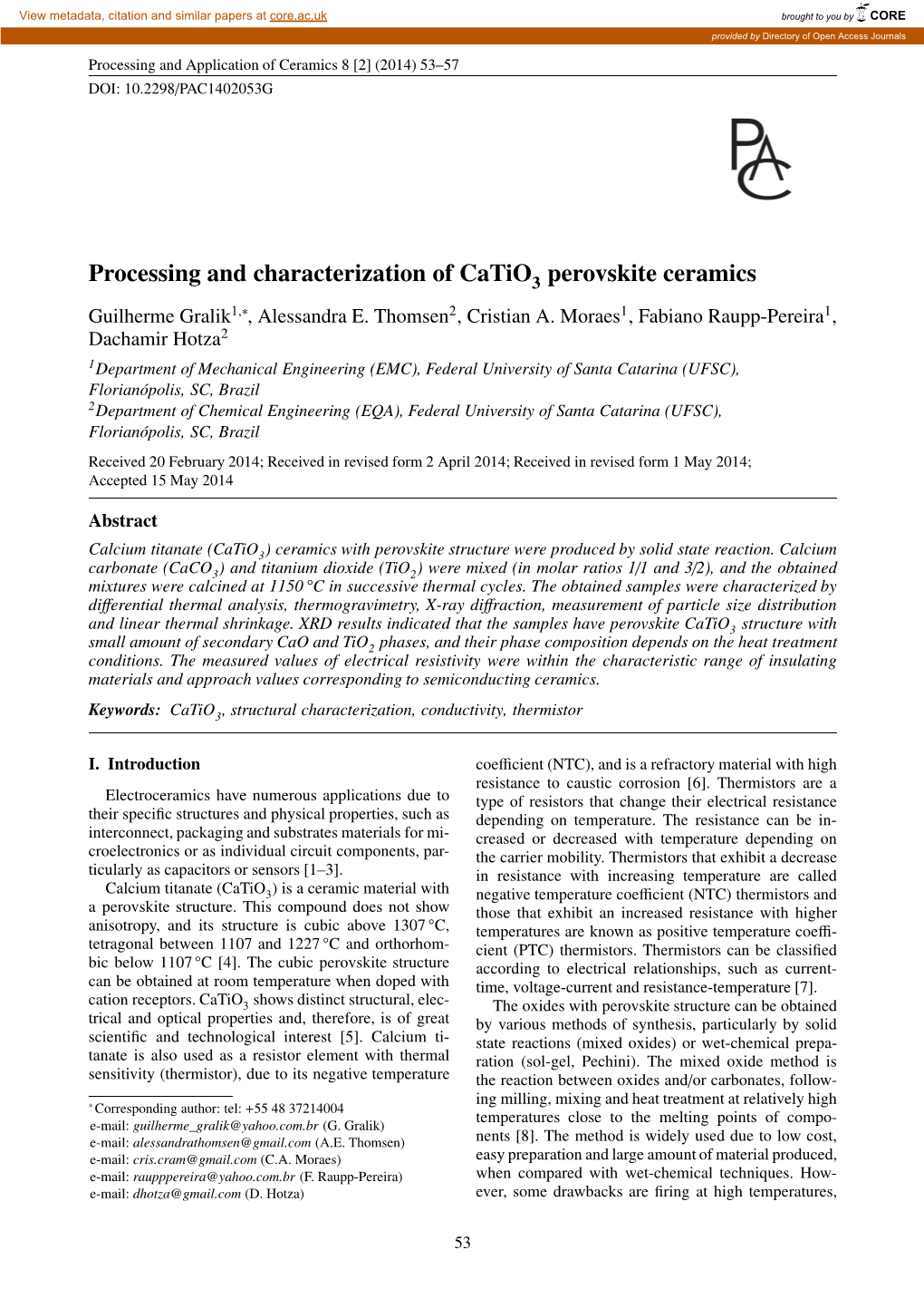 Processing and Characterization of Catio Perovskite Ceramics