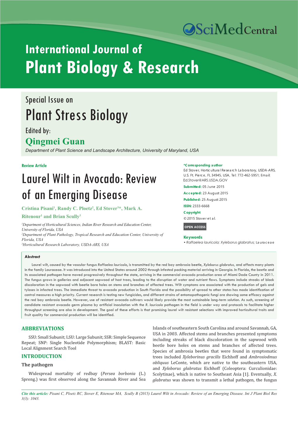 Laurel Wilt in Avocado: Review of an Emerging Disease