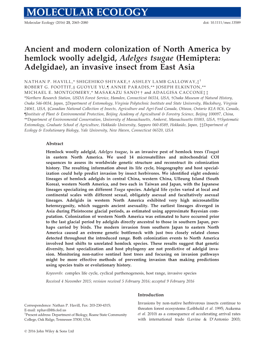 Ancient and Modern Colonization of North America by Hemlock Woolly Adelgid, Adelges Tsugae (Hemiptera: Adelgidae), an Invasive Insect from East Asia