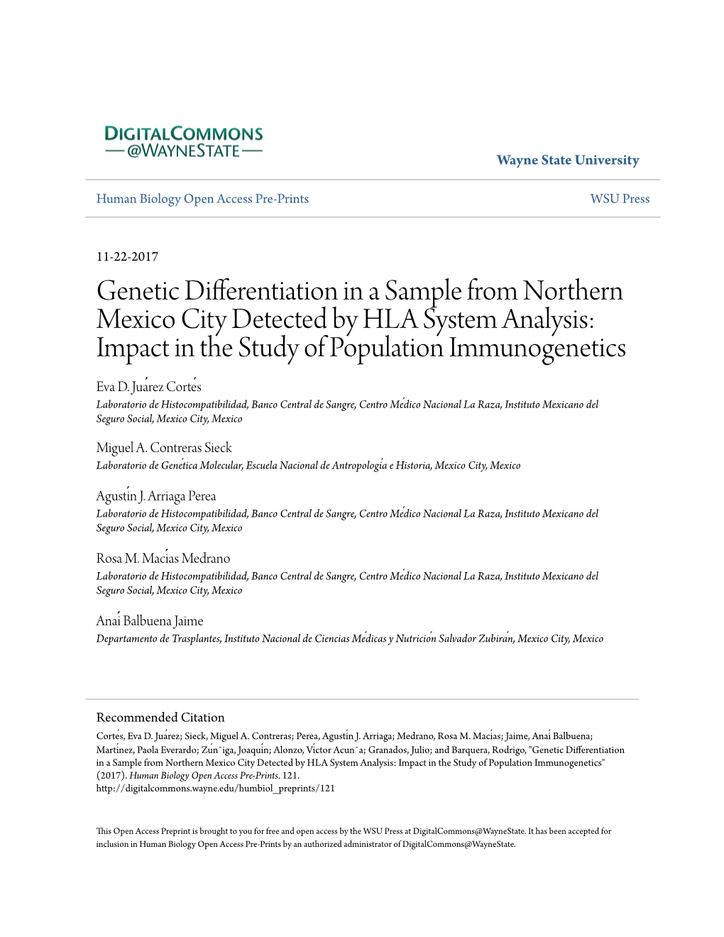 Genetic Differentiation in a Sample from Northern Mexico City Detected by HLA System Analysis: Impact in the Study of Population Immunogenetics Eva D