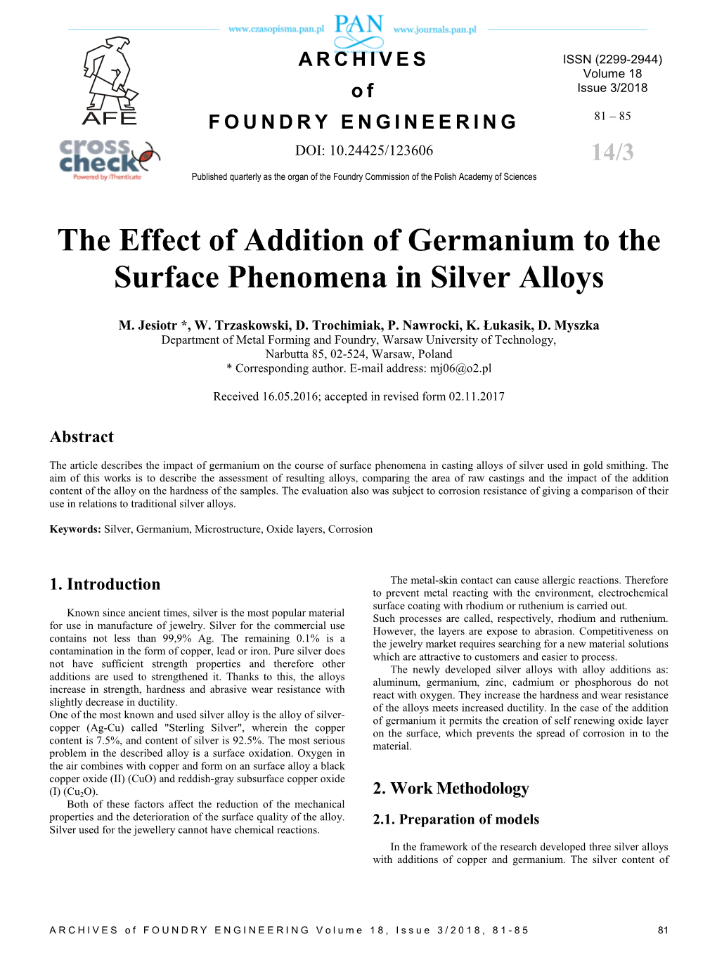 The Effect of Addition of Germanium to the Surface Phenomena in Silver Alloys