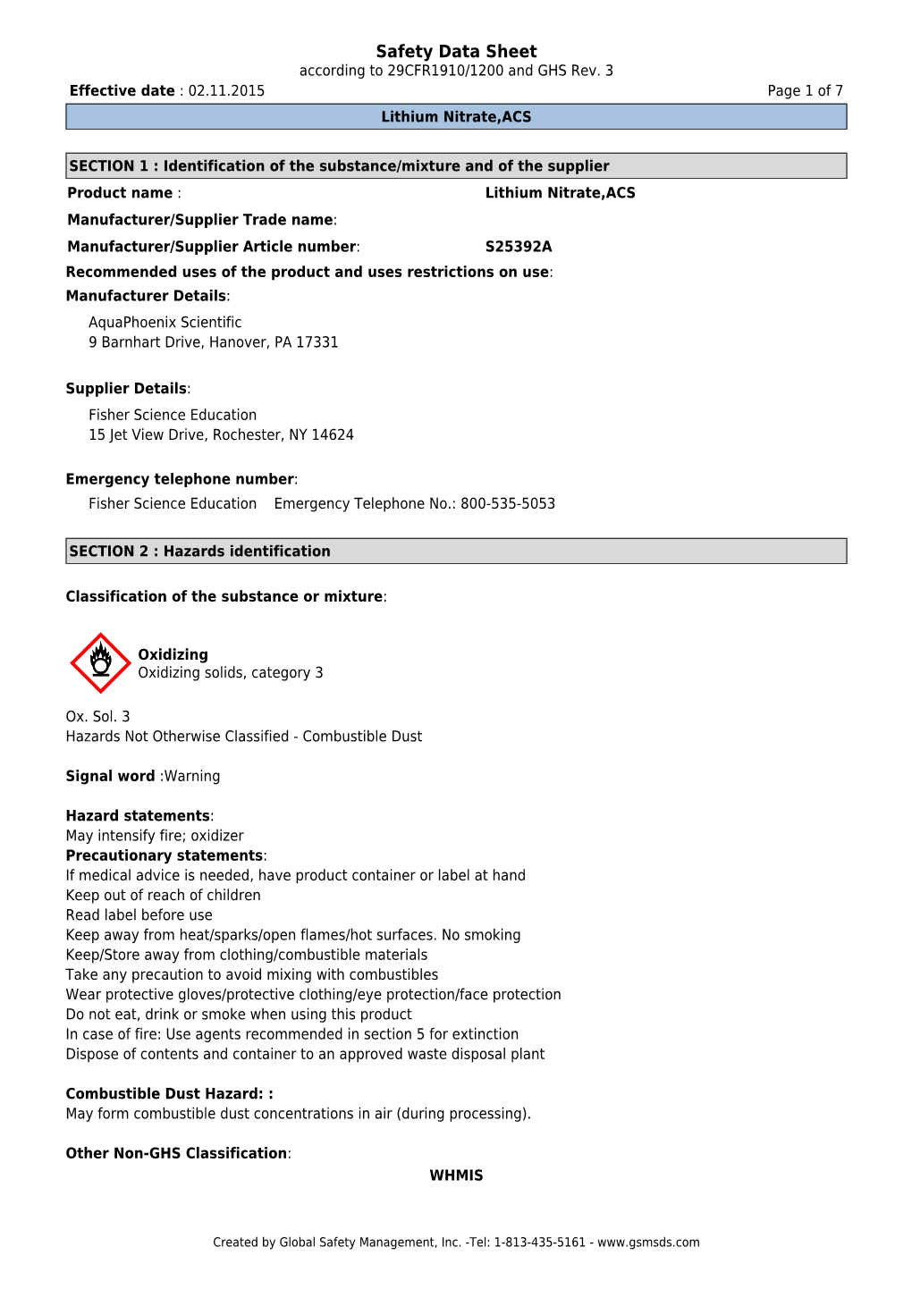 Safety Data Sheet According to 29CFR1910/1200 and GHS Rev