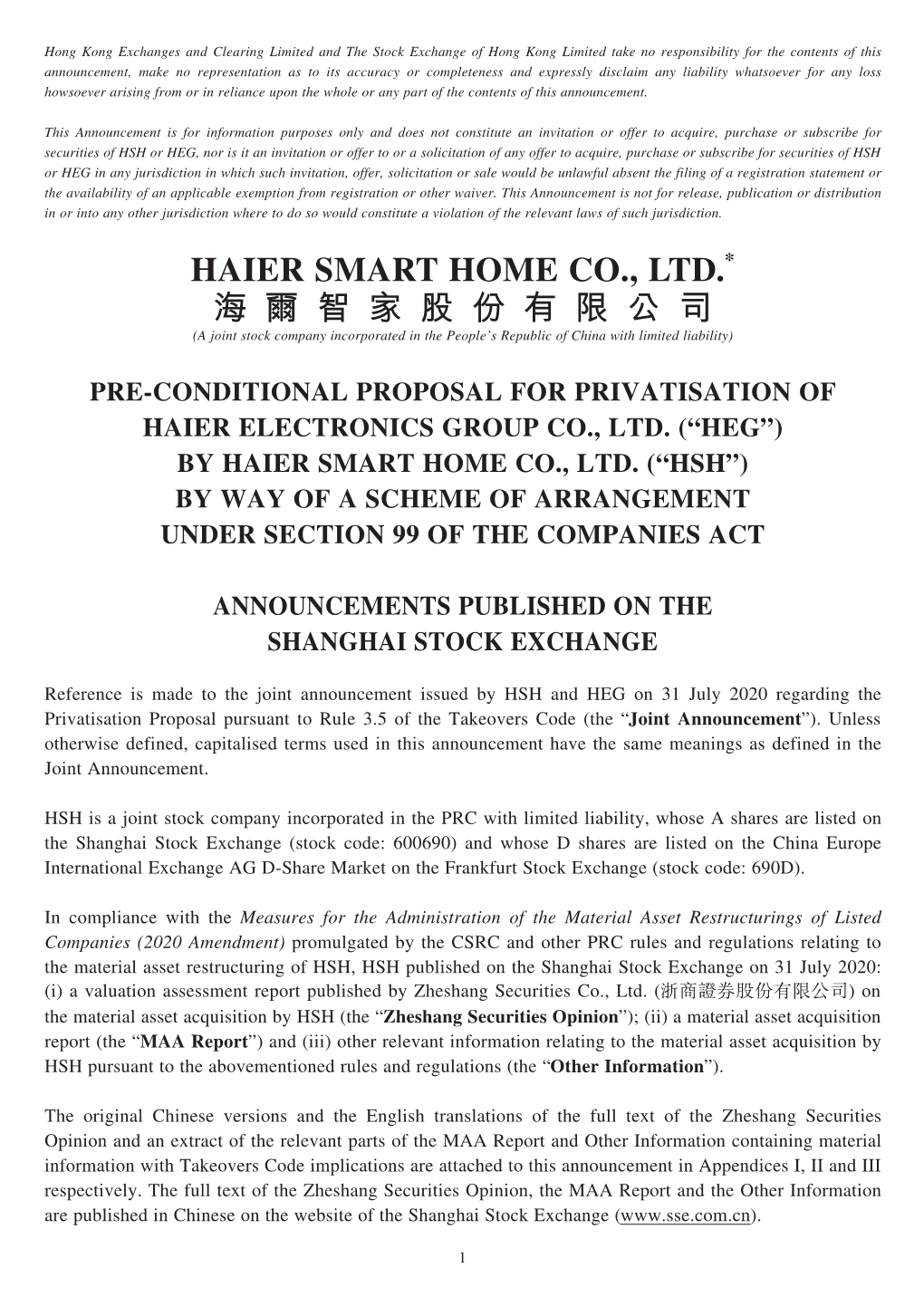 HAIER SMART HOME CO., LTD.* 海爾智家股份有限公司 (A Joint Stock Company Incorporated in the People’S Republic of China with Limited Liability)