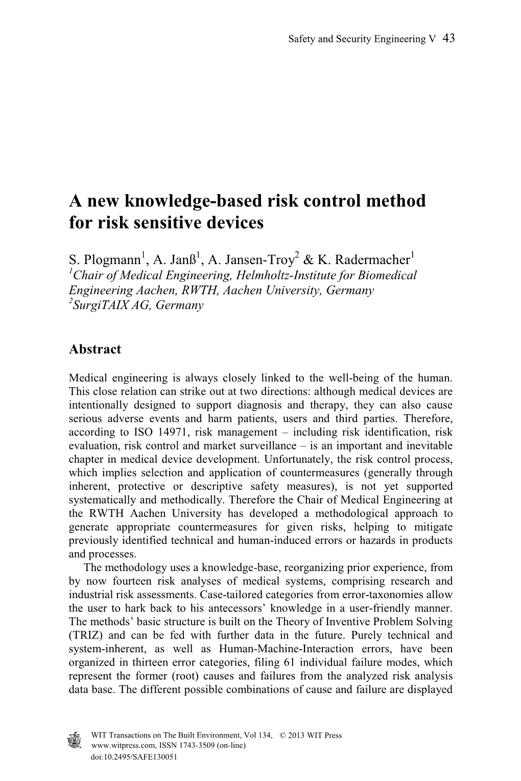 A New Knowledge-Based Risk Control Method for Risk Sensitive Devices