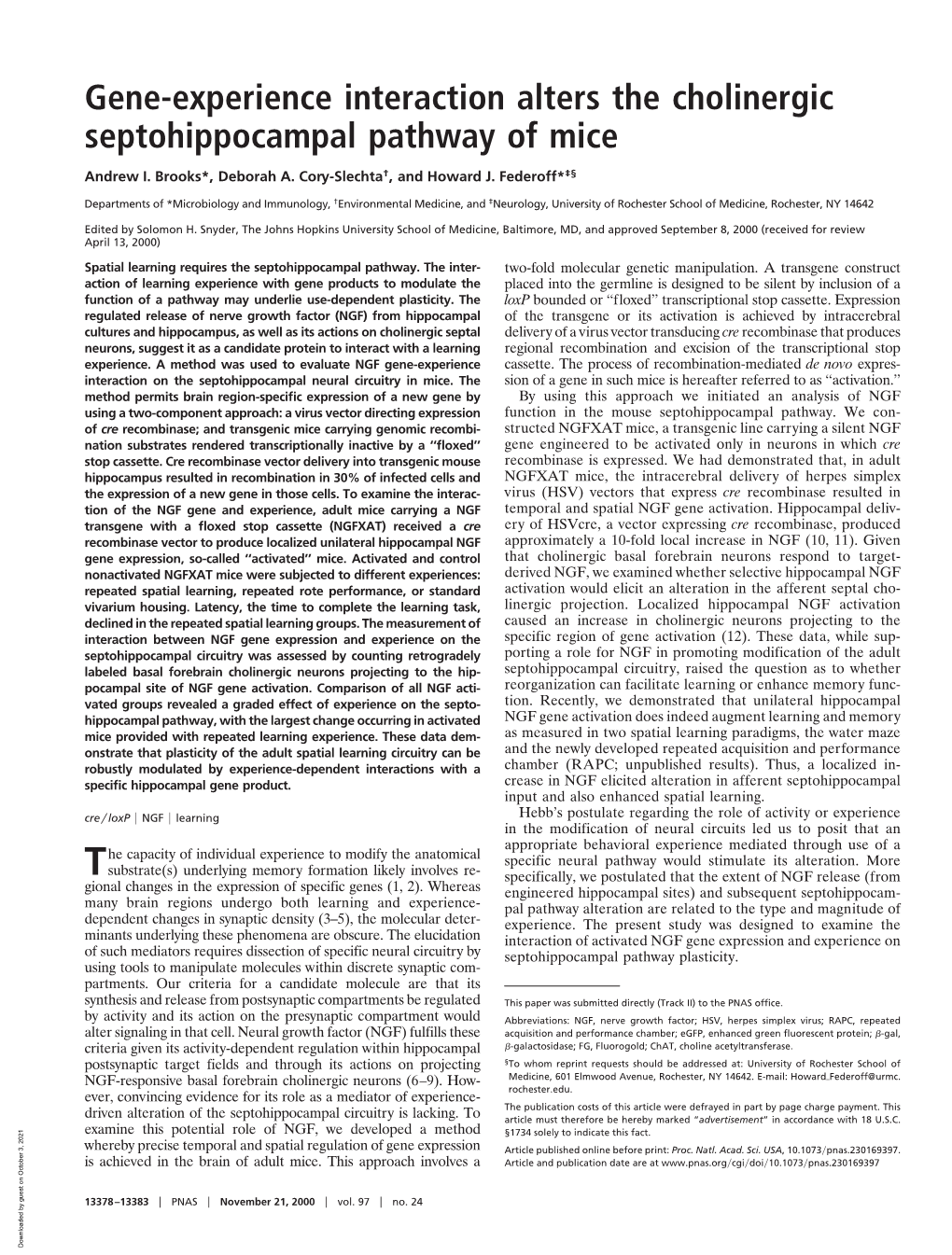 Gene-Experience Interaction Alters the Cholinergic Septohippocampal Pathway of Mice