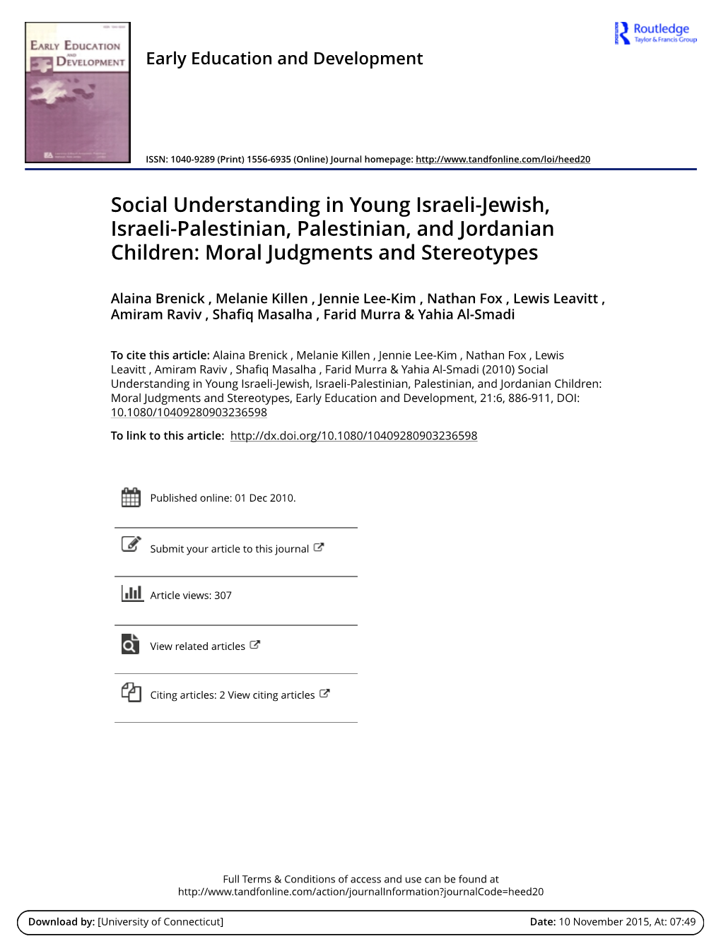 Social Understanding in Young Israeli-Jewish, Israeli-Palestinian, Palestinian, and Jordanian Children: Moral Judgments and Stereotypes