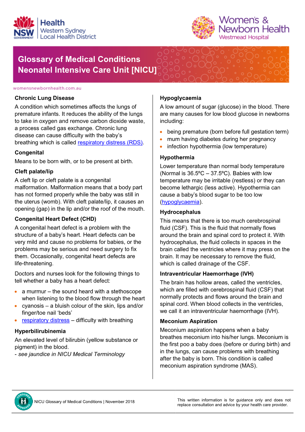 Glossary of Medical Conditions Neonatel Intensive Care Unit [NICU]