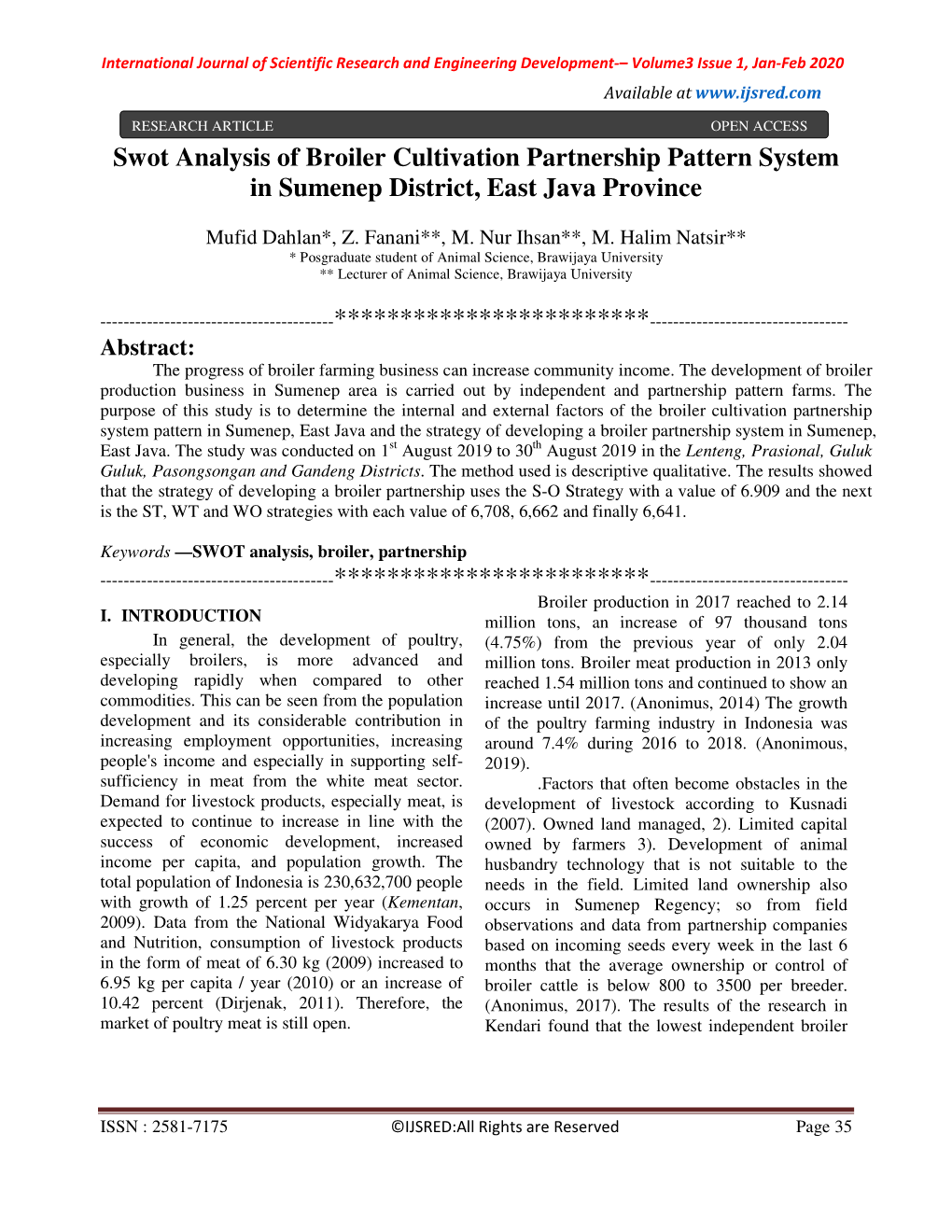 Swot Analysis of Broiler Cultivation Partnership Pattern System in Sumenep District, East Java Province