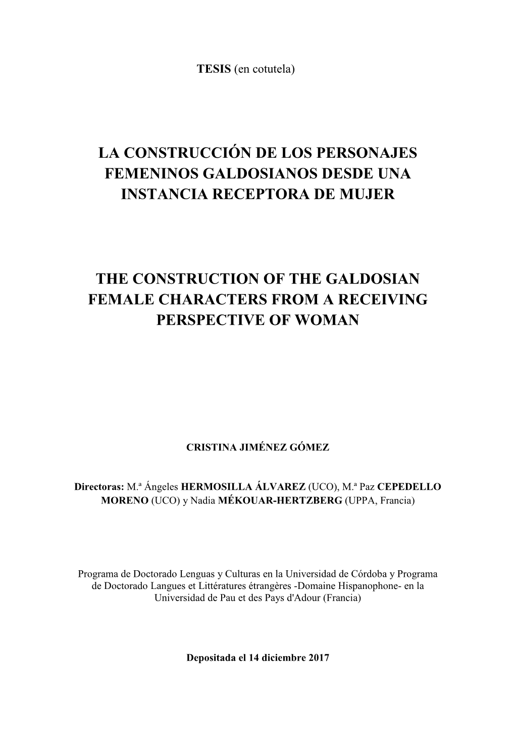 La Construcción De Los Personajes Femeninos Galdosianos Desde Una Instancia Receptora De Mujer