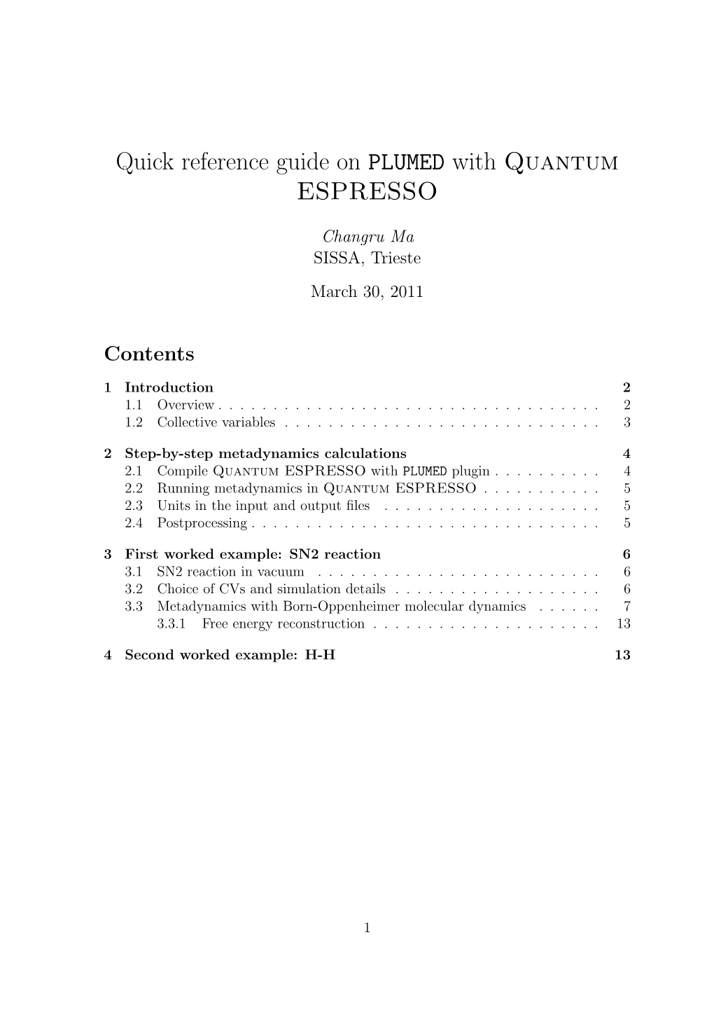 Quick Reference Guide on PLUMED with Quantum ESPRESSO