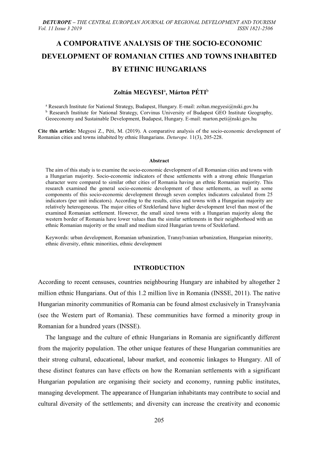 A Comporative Analysis of the Socio-Economic Development of Romanian Cities and Towns Inhabited by Ethnic Hungarians