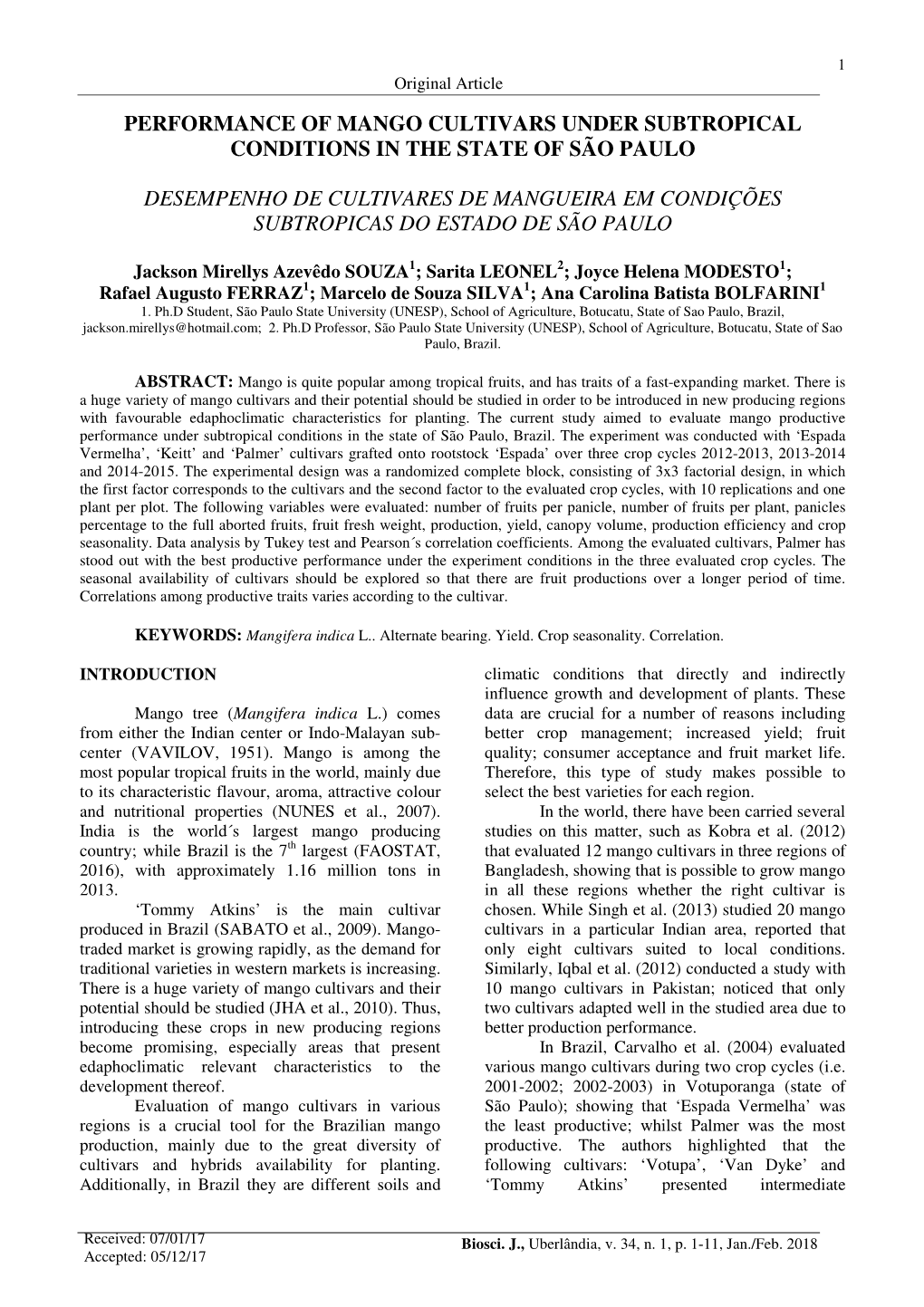 Performance of Mango Cultivars Under Subtropical Conditions in the State of São Paulo