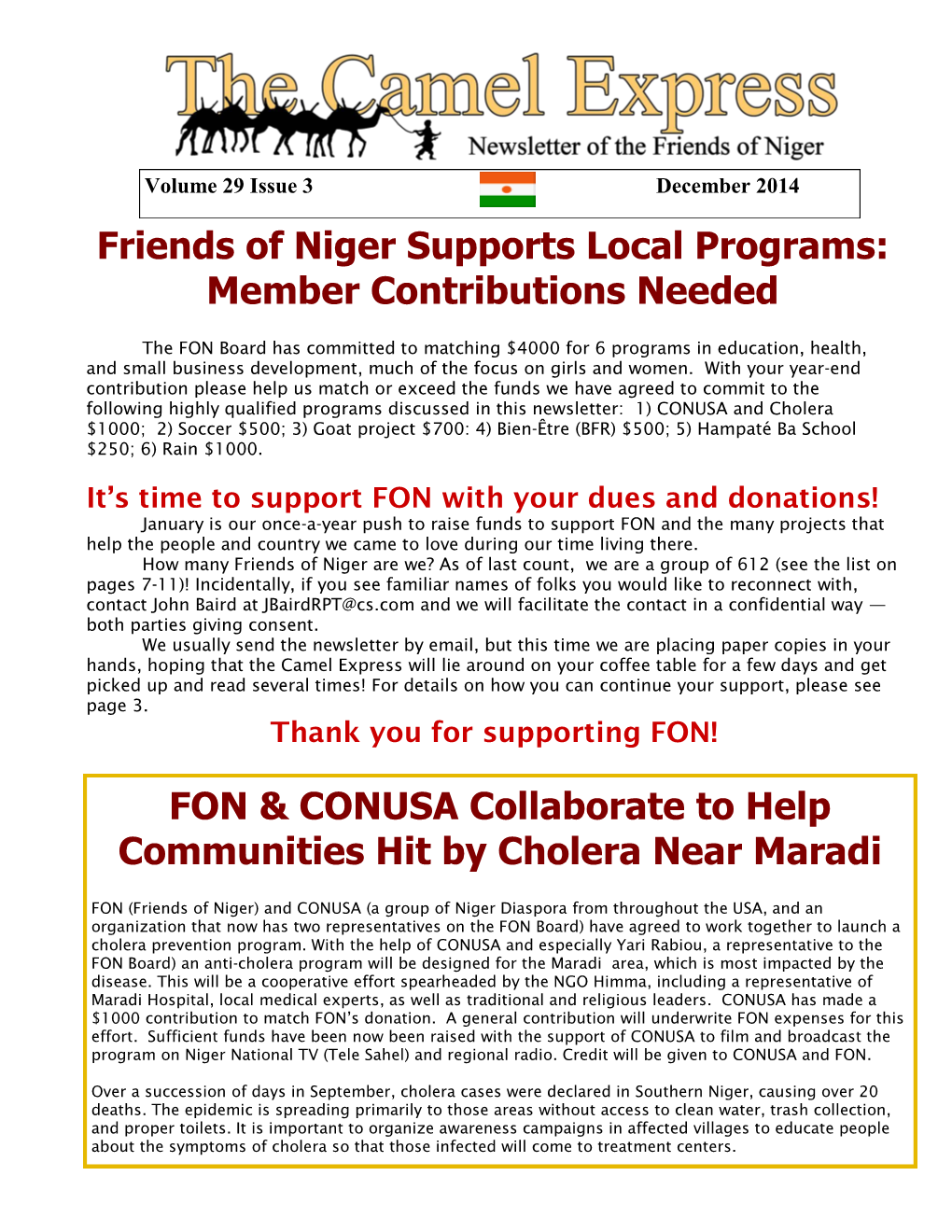 Friends of Niger Supports Local Programs: Member Contributions Needed FON & CONUSA Collaborate to Help Communities Hit by C