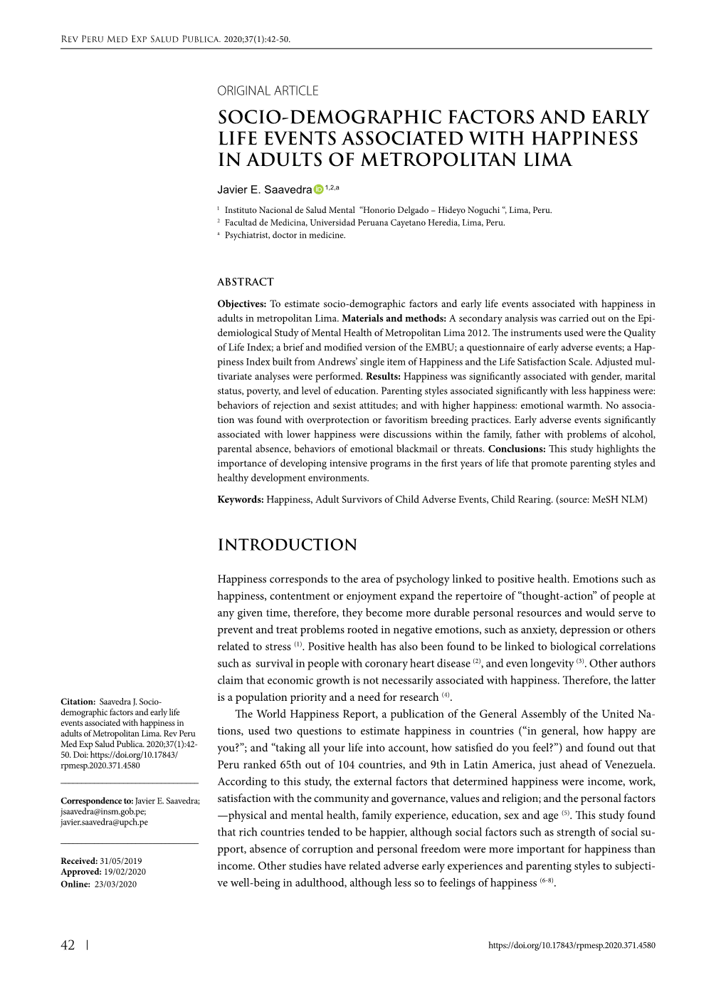 Socio-Demographic Factors and Early Life Events Associated with Happiness in Adults of Metropolitan Lima