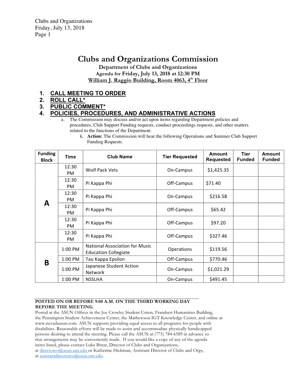 Clubs and Organizations Commission Department of Clubs and Organizations Agenda for Friday, July 13, 2018 at 12:30 PM William J