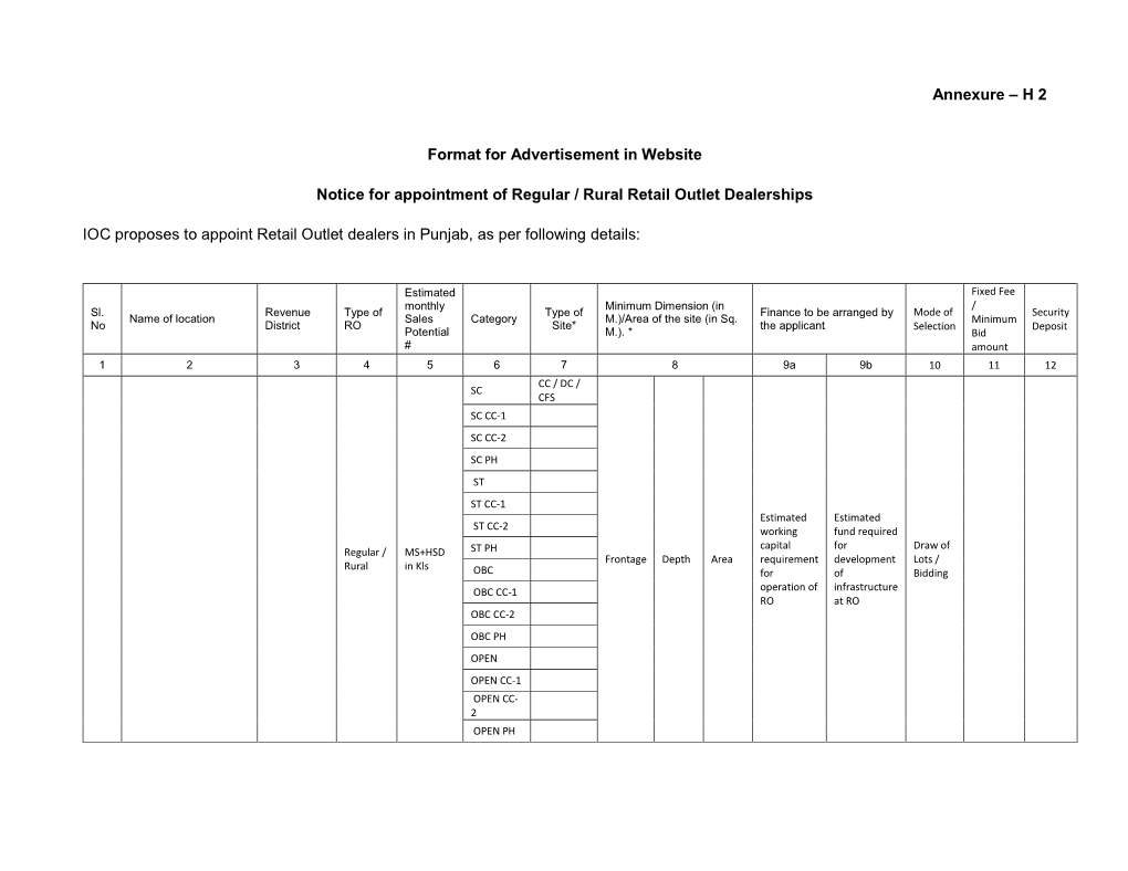 Annexure – H 2 Format for Advertisement in Website Notice For