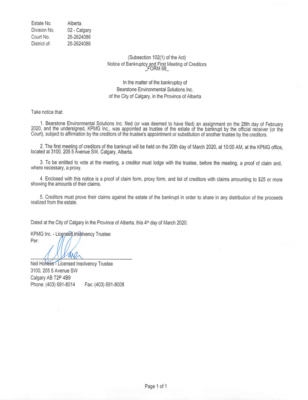 Notice of Bankruptcy and First Meeting of Creditors
