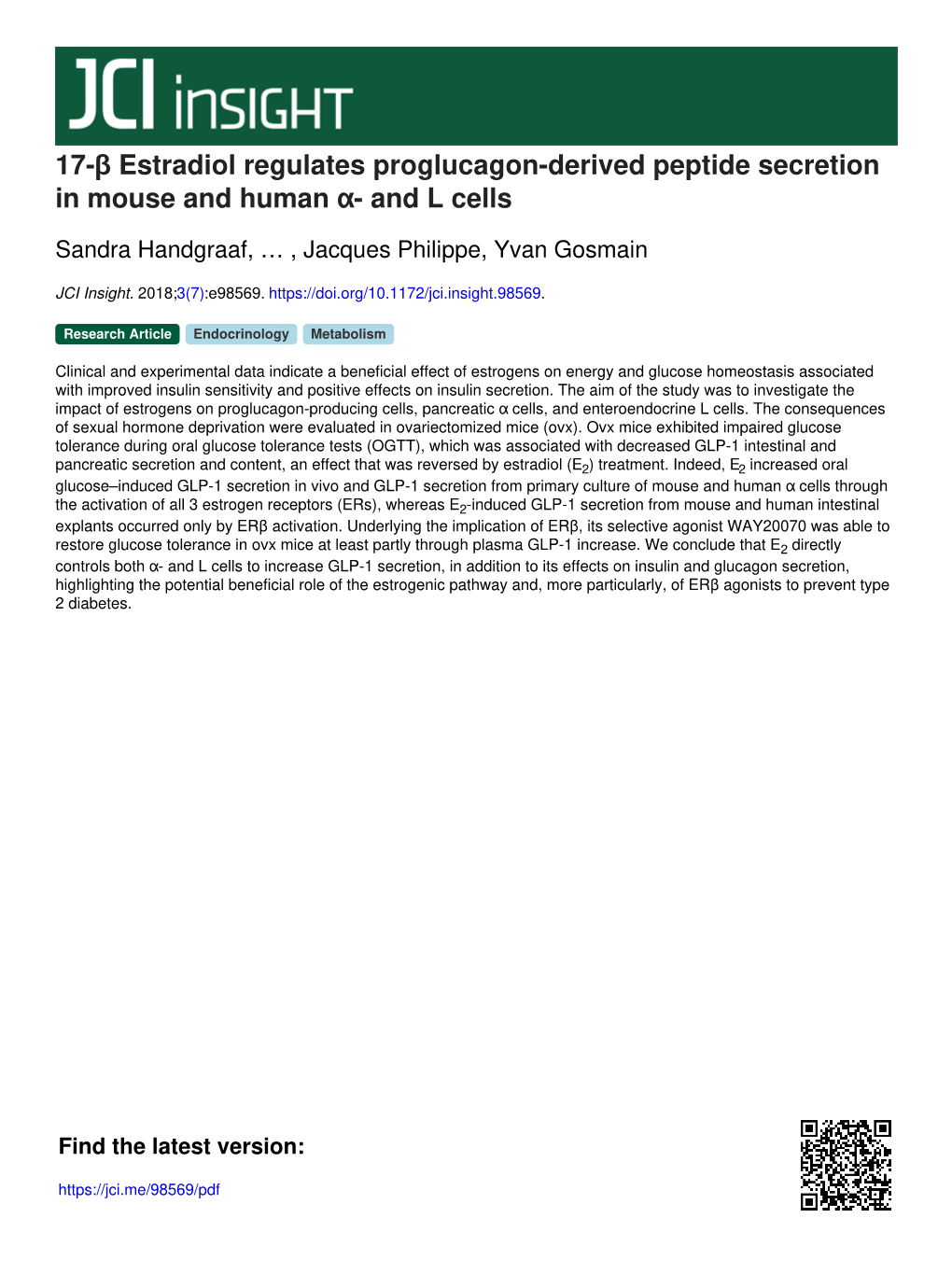 17-Β Estradiol Regulates Proglucagon-Derived Peptide Secretion in Mouse and Human Α- and L Cells