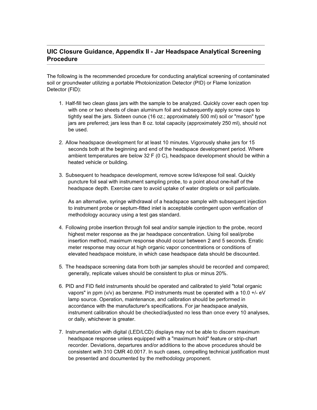 UIC Closure Guidance, Appendix II - Jar Headspace Analytical Screening Procedure