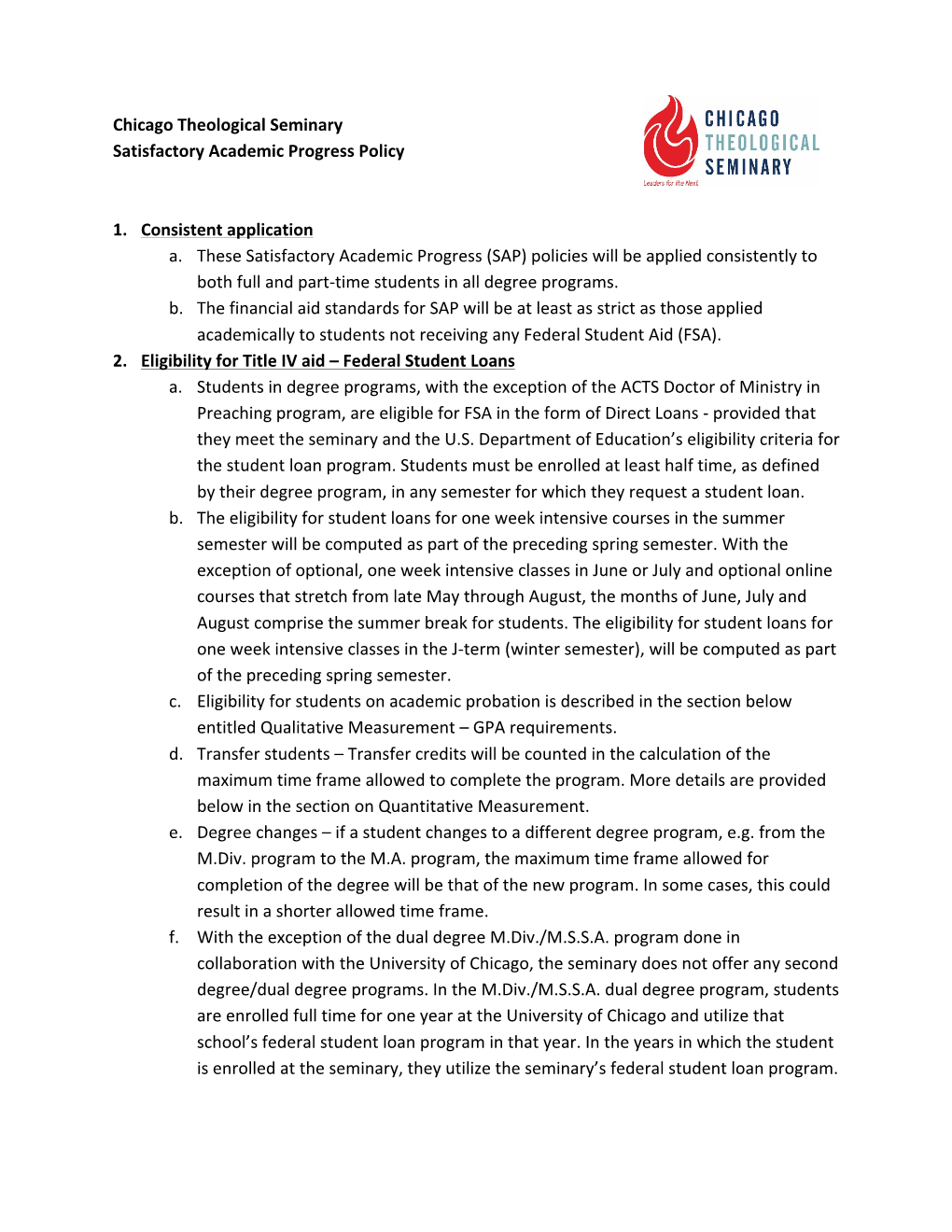 Chicago Theological Seminary Satisfactory Academic Progress Policy