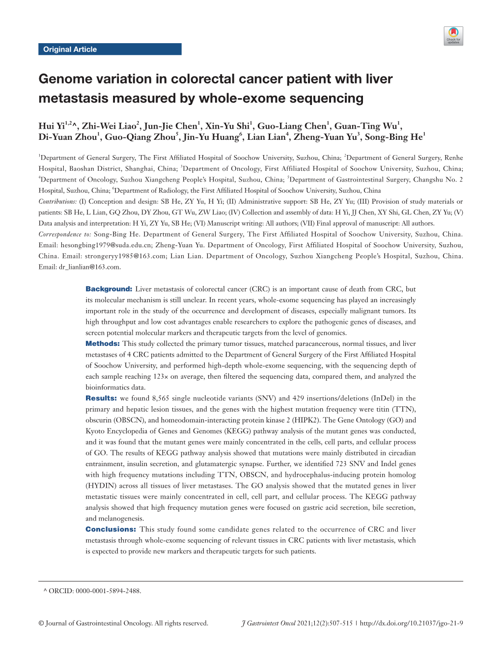 Genome Variation in Colorectal Cancer Patient with Liver Metastasis Measured by Whole-Exome Sequencing