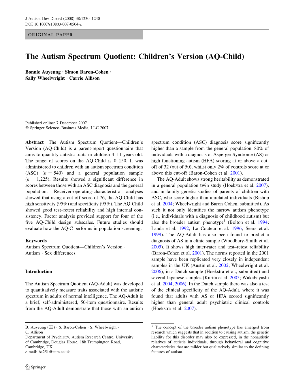 The Autism Spectrum Quotient: Children's Version (AQ-Child)