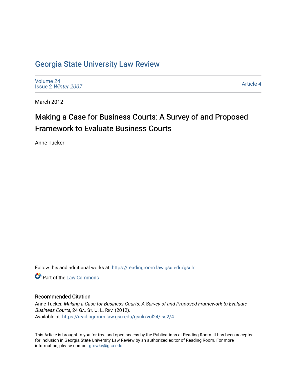 Making a Case for Business Courts: a Survey of and Proposed Framework to Evaluate Business Courts