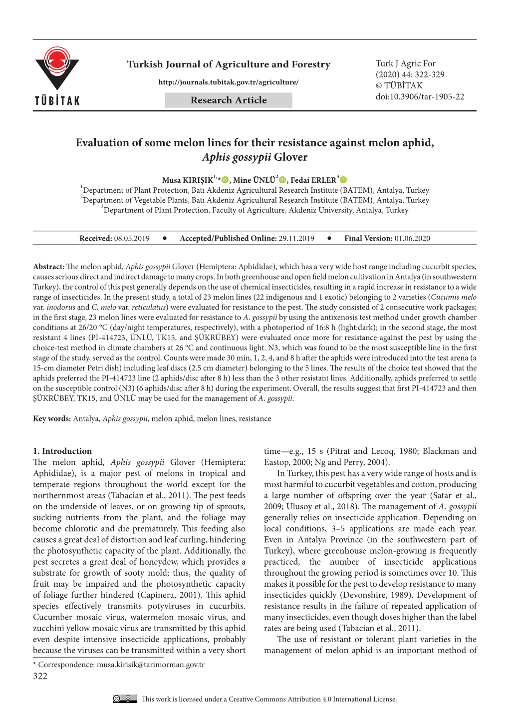 Evaluation of Some Melon Lines for Their Resistance Against Melon Aphid, Aphis Gossypii Glover